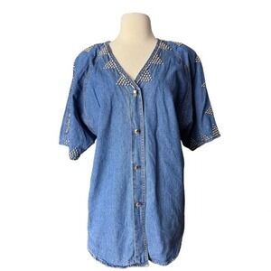 Vintage 80's Women's Large Studded Denim Shirt Funky Bedazzled Art to Wear